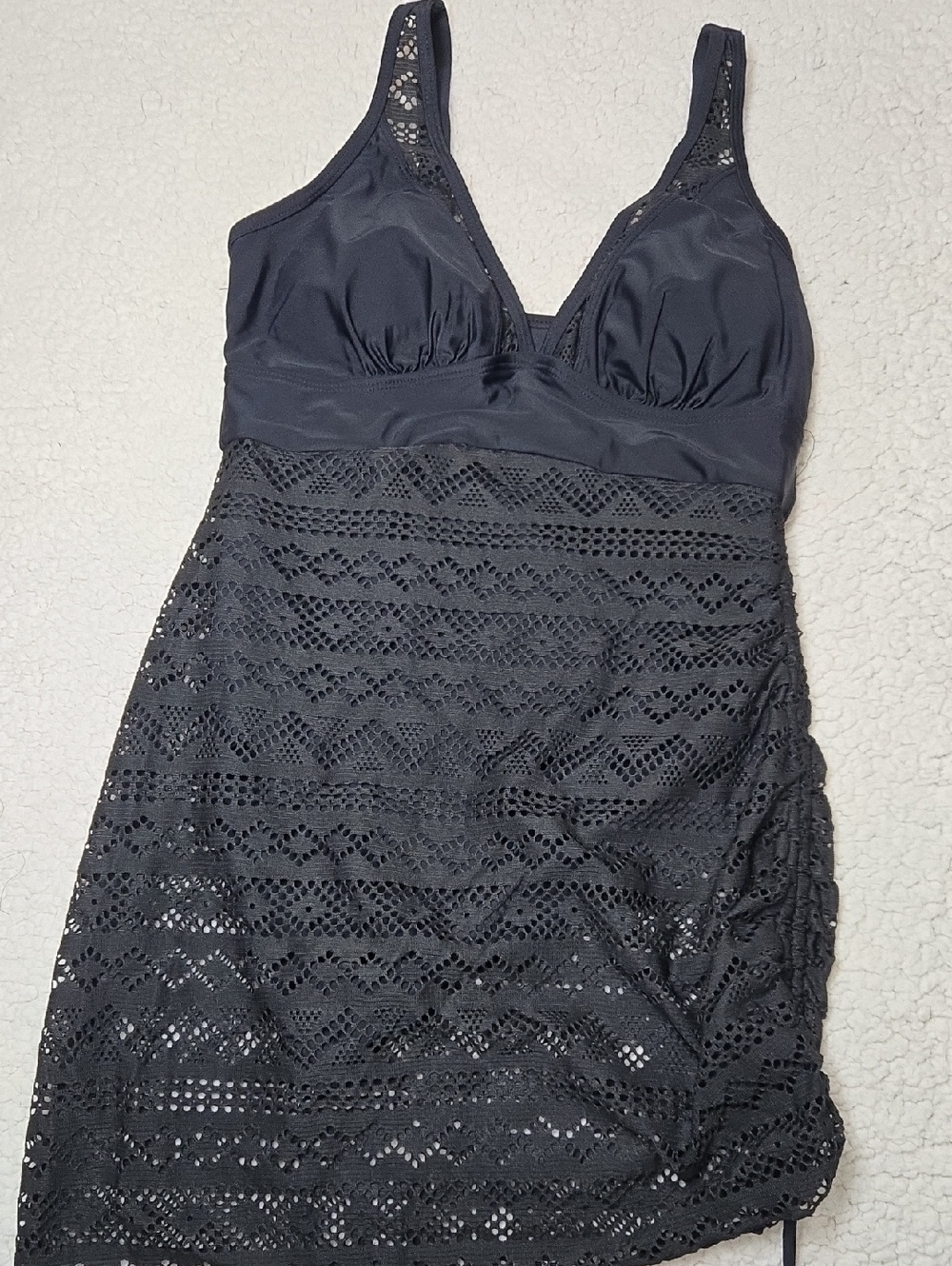 Women’s Black One-Piece Swimdress with Lace Overlay